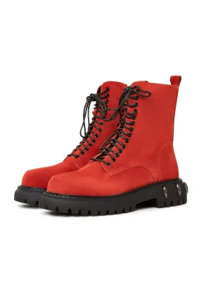 Lace-Up Combat Boots with Chunky Sole - Red